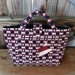 Vintage Patriotic Handmade Fabric Handbag Signed by Artist on Wooden Bottom